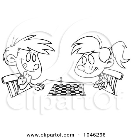 Royalty-Free (RF) Clip Art Illustration of a Cartoon Black And White Outline Design Of A Boy And Girl Playing Chess by toonaday