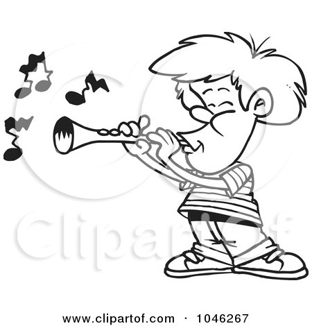 Royalty-Free (RF) Clip Art Illustration of a Cartoon Black And White Outline Design Of A Boy Playing A Clarinet by toonaday