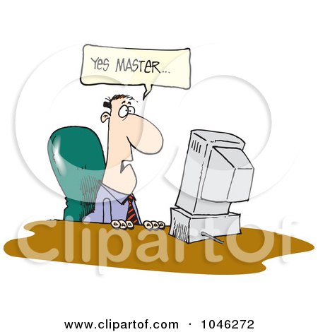 Royalty-Free (RF) Clip Art Illustration of a Cartoon Businessman Talking To A Computer by toonaday