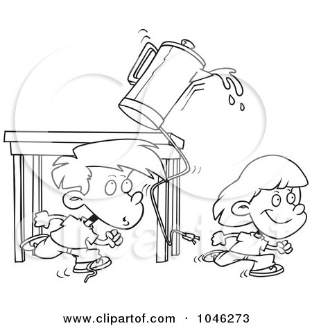 Royalty-Free (RF) Clip Art Illustration of a Cartoon Black And White Outline Design Of A Boy And Girl Running And Knocking Over A Coffee Pot by toonaday