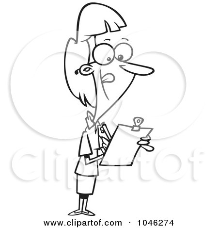 Royalty-Free (RF) Clip Art Illustration of a Cartoon Black And White Outline Design Of A Female Supervisor Using A Clip Board by toonaday