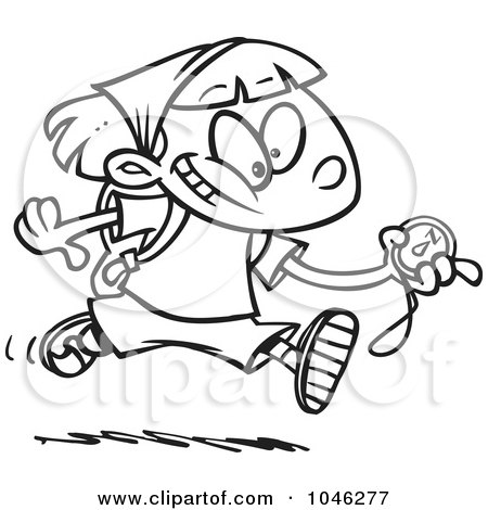Royalty-Free (RF) Clip Art Illustration of a Cartoon Black And White Outline Design Of A Hiker Girl Running With A Compass by toonaday