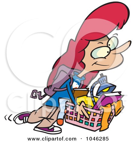 Royalty-Free (RF) Clip Art Illustration of a Cartoon College Girl Carrying A Basket Of Items by toonaday