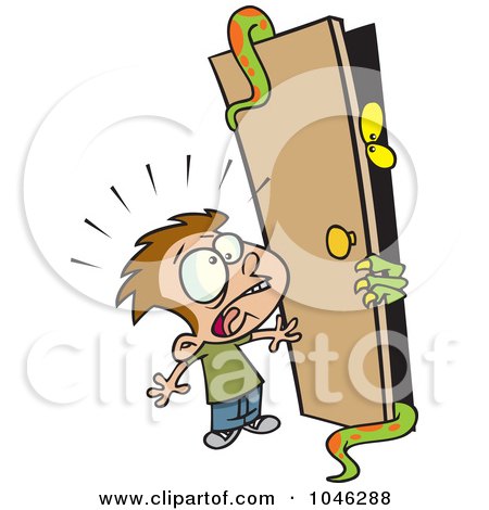 Royalty-Free (RF) Clip Art Illustration of a Cartoon Boy Afraid Of A Monster In A Closet by toonaday