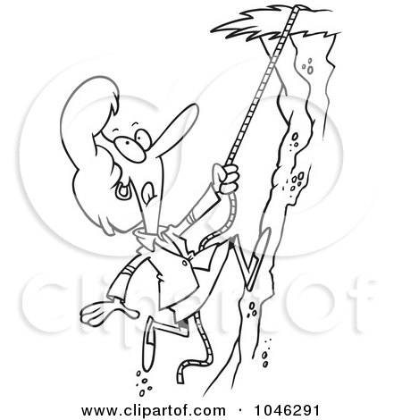 Royalty-Free (RF) Clip Art Illustration of a Cartoon Black And White Outline Design Of A Businesswoman Climbing A Hillside by toonaday