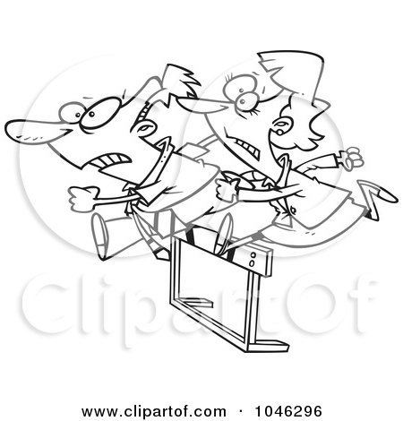 Royalty-Free (RF) Clip Art Illustration of a Cartoon Black And White Outline Design Of A Racing Business Man And Woman Jumping Over A Hurdle by toonaday