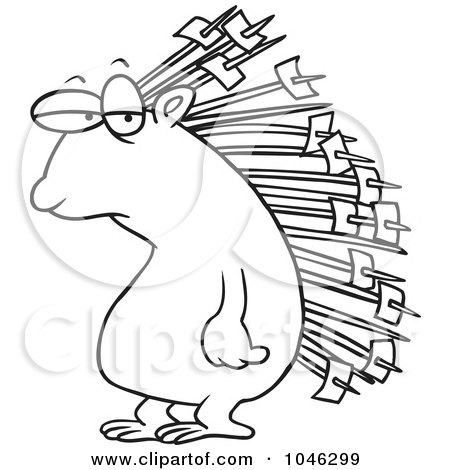 Royalty-Free (RF) Clip Art Illustration of a Cartoon Black And White Outline Design Of A Porcupine With Memos On His Quills by toonaday