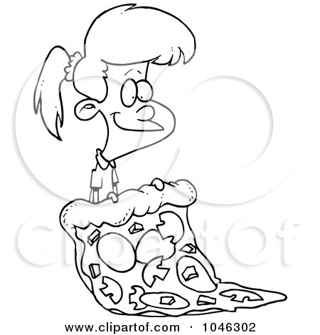 Royalty-Free (RF) Clip Art Illustration of a Cartoon Black And White Outline Design Of A Girl With A Giant Pizza Slice by toonaday