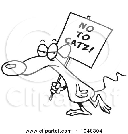 Royalty-Free (RF) Clip Art Illustration of a Cartoon Black And White Outline Design Of A Mouse Carrying A No To Catz Sign by toonaday