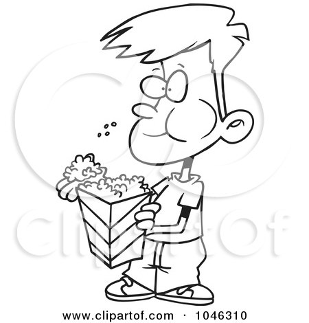 Royalty-Free (RF) Clip Art Illustration of a Cartoon Black And White Outline Design Of A Boy Eating Popcorn by toonaday