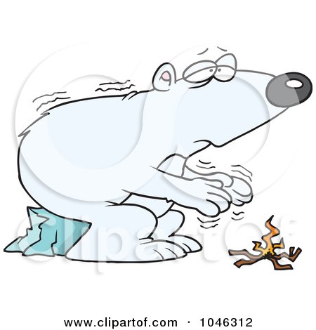 Royalty-Free (RF) Clip Art Illustration of a Cartoon Cold Polar Bear By A Fire by toonaday