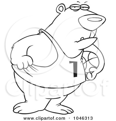 Royalty-Free (RF) Clip Art Illustration of a Cartoon Black And White Outline Design Of A Basketball Bear by toonaday