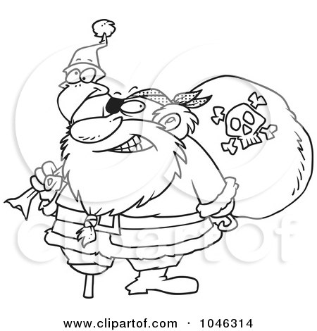 Royalty-Free (RF) Clip Art Illustration of a Cartoon Black And White Outline Design Of A Santa Pirate by toonaday