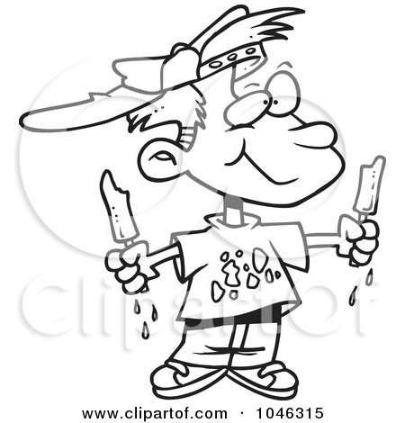 Royalty-Free (RF) Clip Art Illustration of a Cartoon Black And White Outline Design Of A Messy Boy Eating Popsicles by toonaday