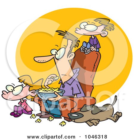 Royalty-Free (RF) Clip Art Illustration of a Cartoon Father And Kids Watching A Movie by toonaday