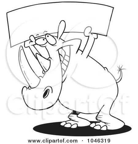 Royalty-Free (RF) Clip Art Illustration of a Cartoon Black And White Outline Design Of A Rhino Holding Up A Blank Banner by toonaday