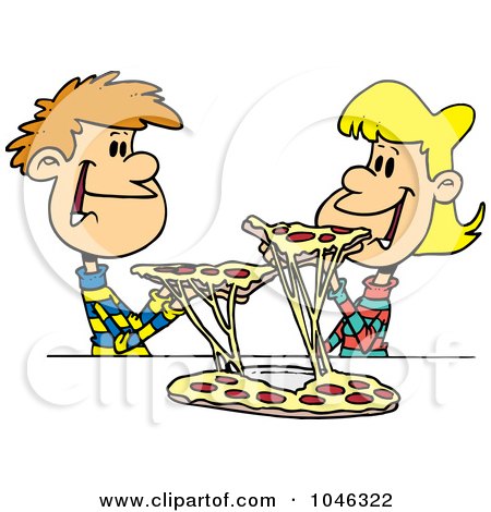 Royalty-Free (RF) Clip Art Illustration of a Cartoon Couple Of Kids Sharing Pizza by toonaday