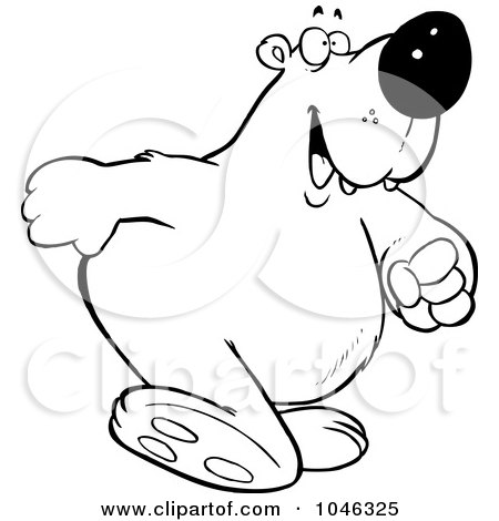 Royalty-Free (RF) Clip Art Illustration of a Cartoon Black And White Outline Design Of A Polar Bear Walking Upright by toonaday