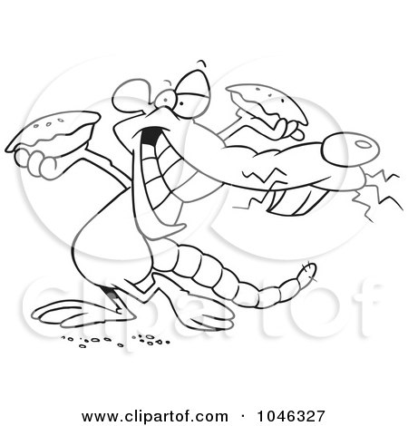 Royalty-Free (RF) Clip Art Illustration of a Cartoon Black And White Outline Design Of A Rat Holding Up Pies by toonaday