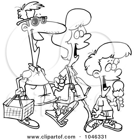 Royalty-Free (RF) Clip Art Illustration of a Cartoon Black And White Outline Design Of A Family Going On A Picnic by toonaday
