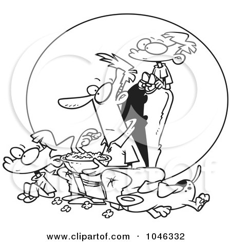 Royalty-Free (RF) Clip Art Illustration of a Cartoon Black And White Outline Design Of A Father And Kids Watching A Movie by toonaday