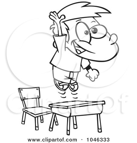 Royalty-Free (RF) Clip Art Illustration of a Cartoon Black And White Outline Design Of A School Boy Jumping Over His Desk by toonaday