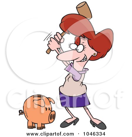 Royalty-Free (RF) Clip Art Illustration of a Cartoon Businesswoman Breaking A Piggy Bank by toonaday