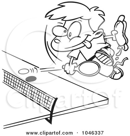 Royalty-Free (RF) Clip Art Illustration of a Cartoon Black And White Outline Design Of A Boy Holding A Hot Dog And Playing Ping Pong by toonaday