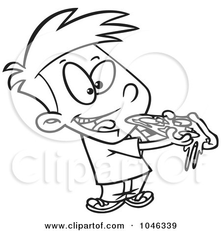 Royalty-Free (RF) Clip Art Illustration of a Cartoon Black And White Outline Design Of A Boy Eating Pizza by toonaday