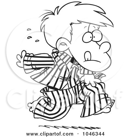 Royalty-Free (RF) Clip Art Illustration of a Cartoon Black And White Outline Design Of A Boy Running In His Pajamas by toonaday