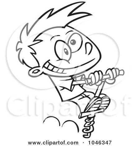 Royalty-Free (RF) Clip Art Illustration of a Cartoon Black And White Outline Design Of A Boy Using A Pogo Stick by toonaday