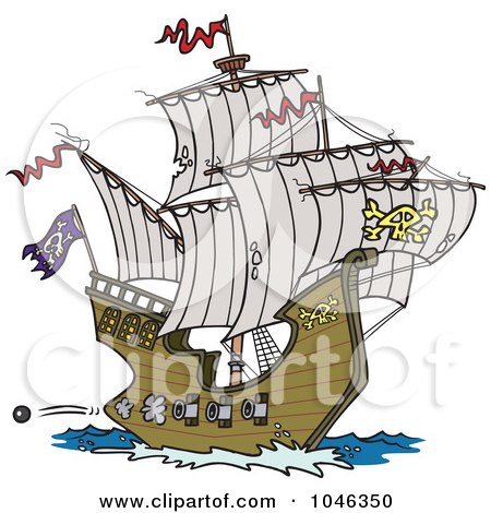 Royalty-Free (RF) Clip Art Illustration of a Cartoon Pirate Ship Shooting Cannons by toonaday