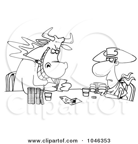 Royalty-Free (RF) Clip Art Illustration of a Cartoon Black And White Outline Design Of A Cowboy And Bull Playing Poker by toonaday