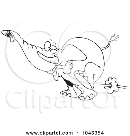 Royalty-Free (RF) Clip Art Illustration of a Cartoon Black And White Outline Design Of An Elephant Fetching A Bone by toonaday