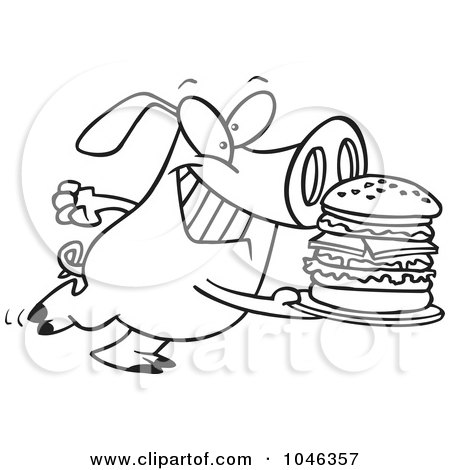 Royalty-Free (RF) Clip Art Illustration of a Cartoon Black And White Outline Design Of A Pig Carrying A Big Burger by toonaday