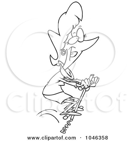 Royalty-Free (RF) Clip Art Illustration of a Cartoon Black And White Outline Design Of A Businesswoman Jumping On A Pogo Stick by toonaday