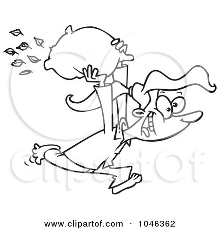 Royalty-Free (RF) Clip Art Illustration of a Cartoon Black And White Outline Design Of A Girl Starting A Pillow Fight by toonaday