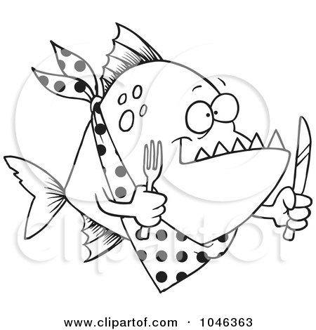 Royalty-Free (RF) Clip Art Illustration of a Cartoon Black And White Outline Design Of A Hungry Piranha Fish by toonaday