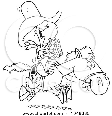 Royalty-Free (RF) Clip Art Illustration of a Cartoon Black And White Outline Design Of A Cowgirl Riding A Pony by toonaday