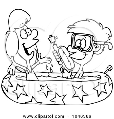 Royalty-Free (RF) Clip Art Illustration of a Cartoon Black And White Outline Design Of A Boy And Girl Playing In A Kiddie Pool by toonaday