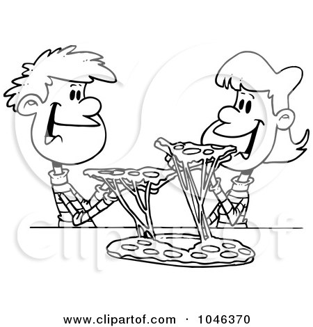 Royalty-Free (RF) Clip Art Illustration of a Cartoon Black And White Outline Design Of A Couple Of Kids Sharing Pizza by toonaday