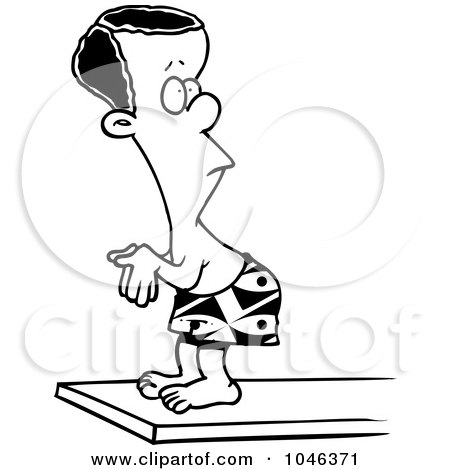 Royalty-Free (RF) Clip Art Illustration of a Cartoon Black And White Outline Design Of A Black Boy On A Diving Board by toonaday