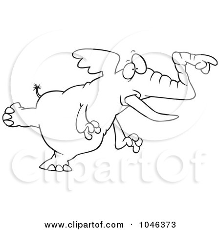 Royalty-Free (RF) Clip Art Illustration of a Cartoon Black And White Outline Design Of A Pointing Elephant by toonaday