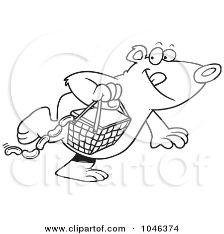 Royalty-Free (RF) Clip Art Illustration of a Cartoon Black And White Outline Design Of A Bear Stealing A Picnic Basket by toonaday