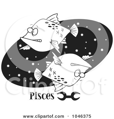 Royalty-Free (RF) Clip Art Illustration of a Cartoon Black And White Outline Design Of A Pisces Astrology Fish Over A Black Oval by toonaday