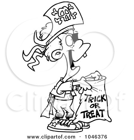 Royalty-Free (RF) Clip Art Illustration of a Cartoon Black And White Outline Design Of A Trick Or Treating Pirate Boy by toonaday