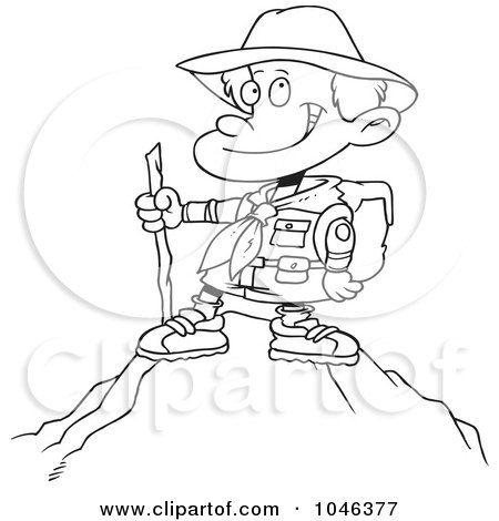 Royalty-Free (RF) Clip Art Illustration of a Cartoon Black And White Outline Design Of A Boy On Top Of A Mountain by toonaday