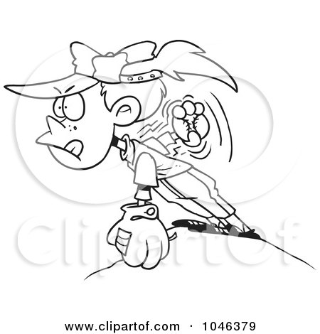 Royalty-Free (RF) Clip Art Illustration of a Cartoon Black And White Outline Design Of A Girl Pitching A Baseball by toonaday