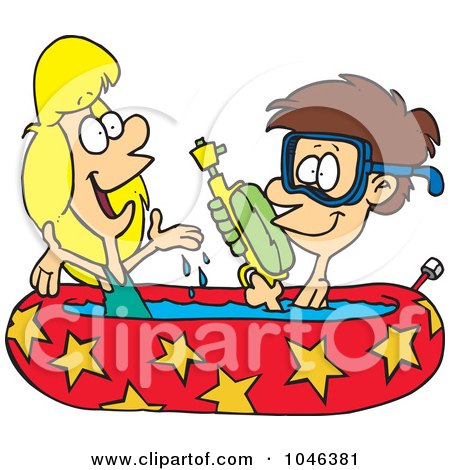 Royalty-Free (RF) Clip Art Illustration of a Cartoon Boy And Girl Playing In A Kiddie Pool by toonaday