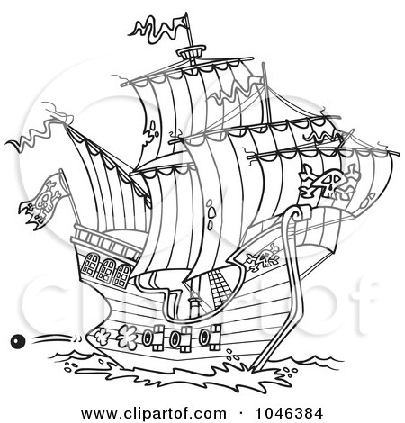 Royalty-Free (RF) Clip Art Illustration of a Cartoon Black And White Outline Design Of A Pirate Ship Shooting Cannons by toonaday